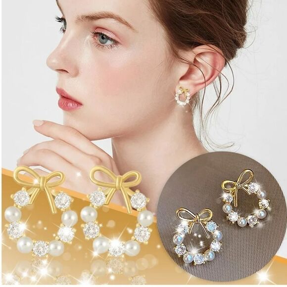 New Gold Plated Ribbon Hoop Pearl with Cubic Zirconia Gold Pearl Earrings - Picture 3 of 6